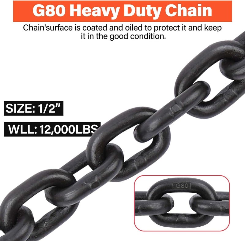 Lechansen سلسلة ربط النقل G80 1/2 بوصة × 20 قدم مزودة بخطافات سلسلة G80، سلسلة أمان من الدرجة 80، سلسلة سحب ثقيلة، حد تحميل عمل 1,2000 رطل لمثبت تحميل G80، السحب - Image 3